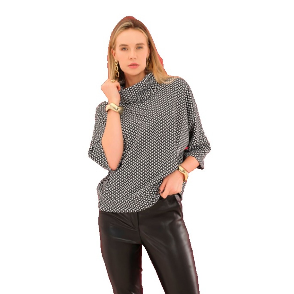 Dolcezza Cowl Neck Black White‎ Tunic Top Womens Size S Geometric Edgy Bold